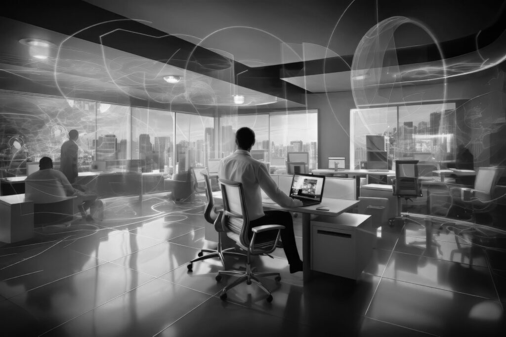 A black-and-white boardroom scene where an employee’s shadow reveals a hidden freelance identity, capturing the tension between corporate loyalty and personal ambition.