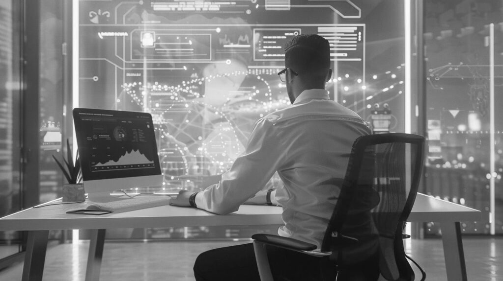 A futuristic black-and-white workspace with professionals collaborating across digital interfaces, symbolizing fluid career paths and outcome-driven work culture.
