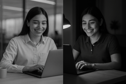 A black-and-white image of an Indian professional split between two roles — working in a corporate office during the day and freelancing at night from home, symbolizing the dual nature of modern employment.