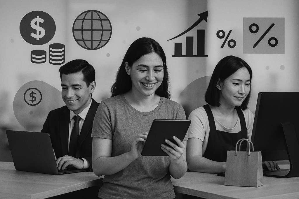 A monochrome visual showing diverse professionals engaged in side hustles like coding, teaching, and online retail, surrounded by icons representing money, growth, and global connectivity.