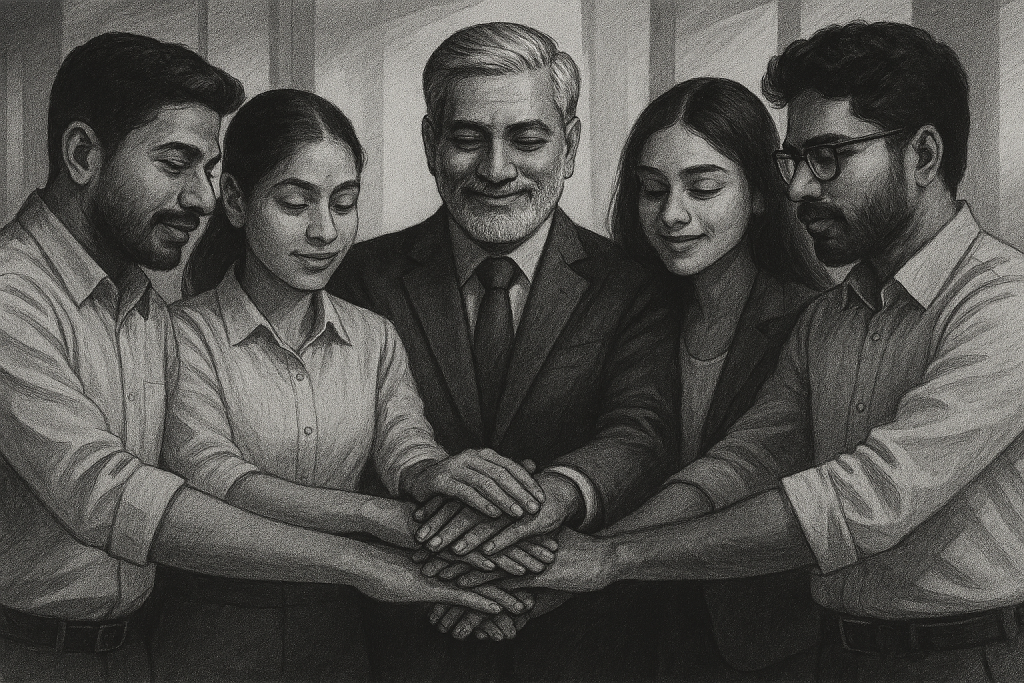 Artistic black-and-white illustration of Indian professionals joining hands in a circle, symbolizing trust and unity in leadership.