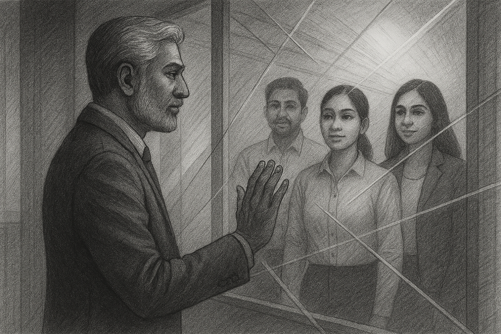 Artistic black-and-white illustration of a leader reaching toward a glass wall with team members visible behind, symbolizing transparency and openness in leadership