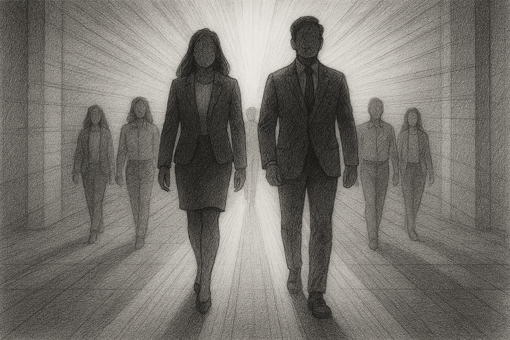 Artistic black-and-white illustration of two leaders walking forward with a team behind, symbolizing courageous and inclusive leadership