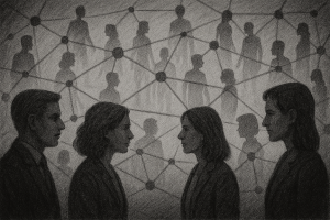 Black-and-white illustration of interconnected human silhouettes forming a network with nodes and lines, symbolizing collaboration and peer-to-peer learning.