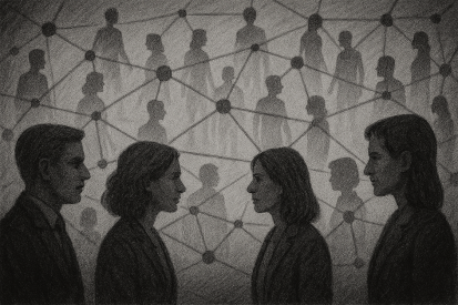 Black-and-white illustration of interconnected human silhouettes forming a network with nodes and lines, symbolizing collaboration and peer-to-peer learning.