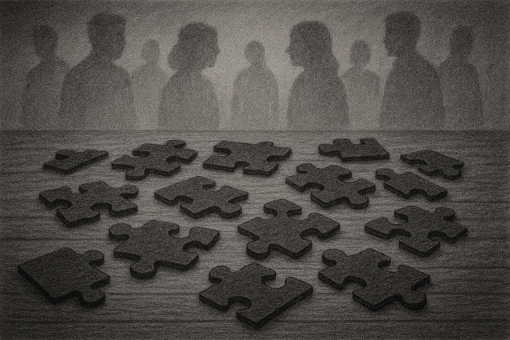 Monochrome image of scattered puzzle pieces on a wooden surface with blurred silhouettes of people in the background.