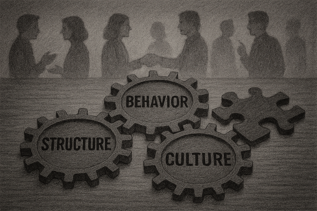 Black-and-white illustration of three interlocking gears labeled “Structure,” “Behavior,” and “Culture,” with silhouettes of people collaborating in the background.