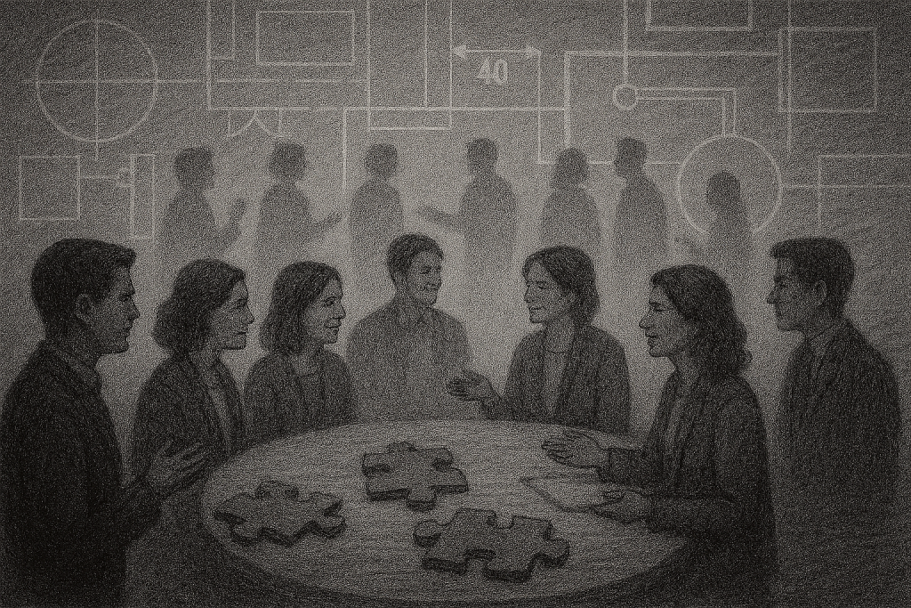 Black-and-white illustration of three interlocking gears labeled “Structure,” “Behavior,” and “Culture,” with silhouettes of people collaborating in the background.
