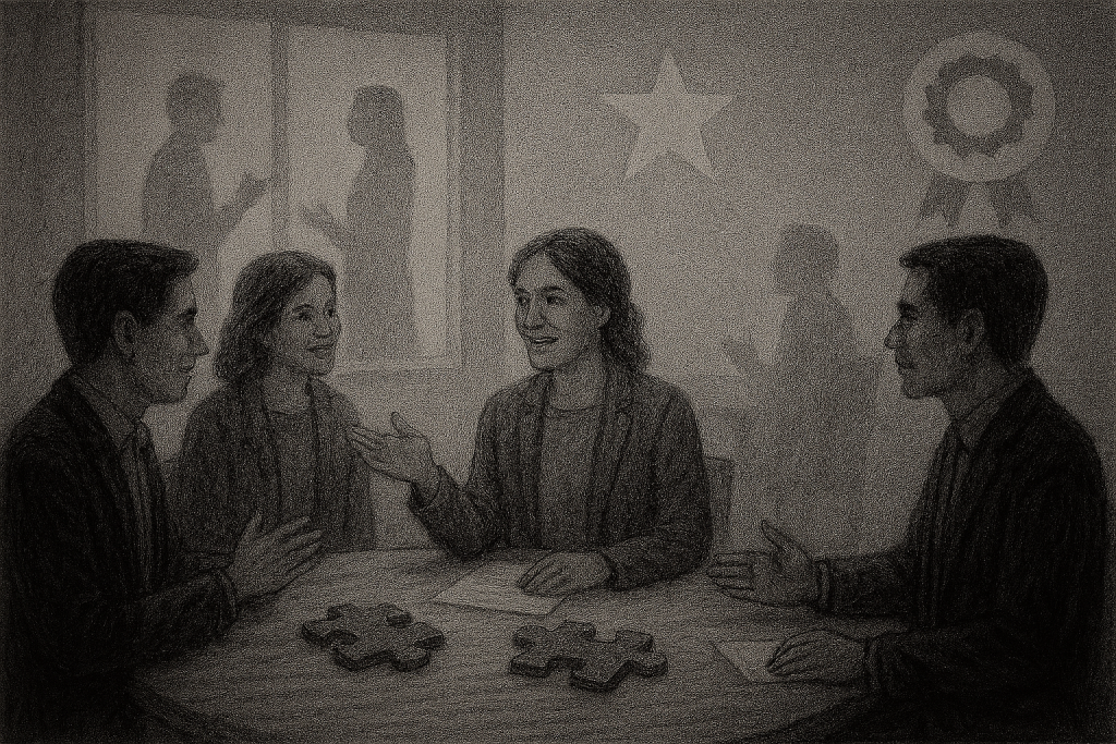 Black-and-white illustration of professionals in discussion around a table with puzzle pieces and documents, with recognition icons and silhouettes in the background
