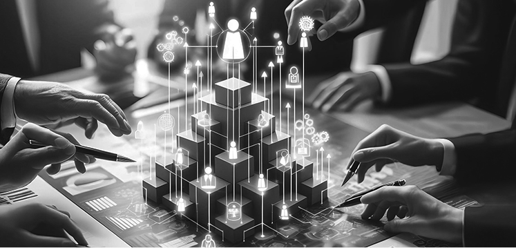 Hands interacting with digital transformation blocks